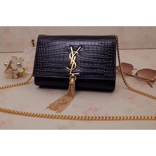 YSL Kate Small With Tassel Bags In Black Embossed Crocodile Shiny Leather Gold Hardware YSL Kate Small With Tassel Bags In Black Embossed Crocodile Shiny Leather Gold Hardware