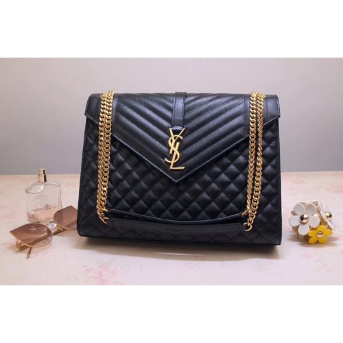 YSL Envelope Large Bag In Black Mix Matelasse Grain De Poudre Embossed Leather Gold Hardware