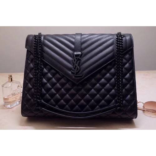YSL Envelope Large Bag In Black Mix Matelasse Grain De Poudre Embossed Leather Black Hardware