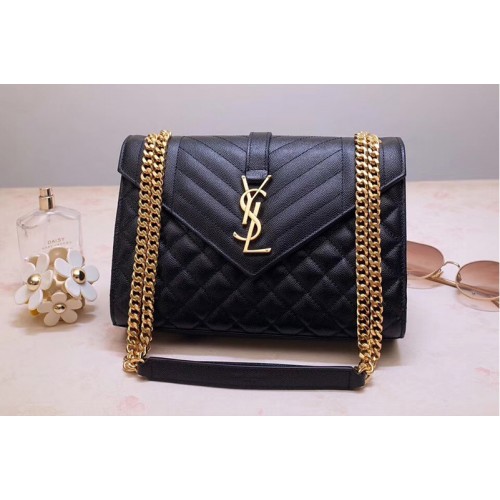 YSL Envelope Medium Bag In Black Mix Matelasse Grain De Poudre Embossed Leather Gold Hardware