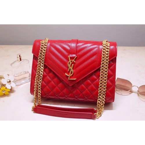 YSL Envelope Medium Bag In Red Mix Matelasse Grain De Poudre Embossed Leather