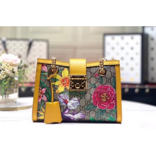 Gucci Padlock Flora small shoulder bags Beige ebony Supreme canvas With Yellow leather