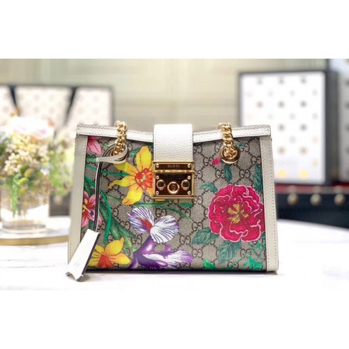 Gucci Padlock Flora small shoulder bags Beige ebony Supreme canvas With White leather