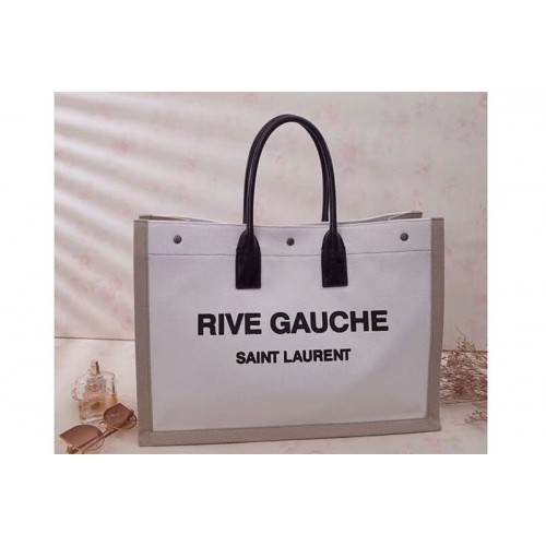 YSL Rive Gauche Tote Bag In White And Brown Linen YSL Rive Gauche Tote Bag In White And Brown Linen