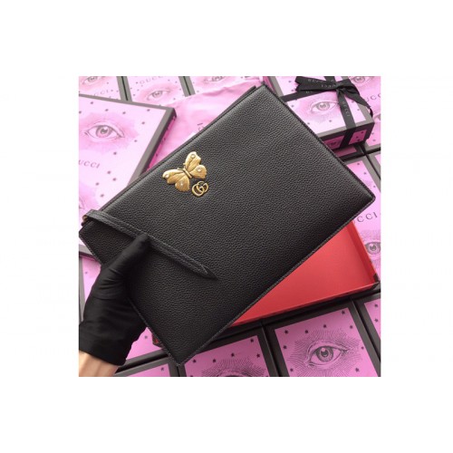 Gucci Embroidered leather pouch With Butterfly in Black Leather