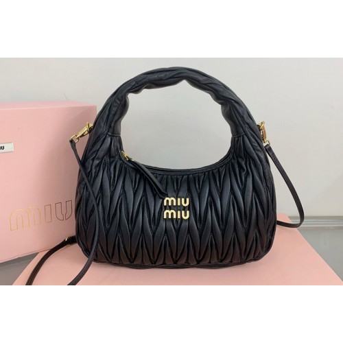 Miu Miu 5BC108 Wander matelasse nappa leather hobo bag in Black Leather