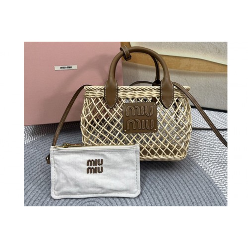 Miu Miu Wander woven raffia-effect yarn hobo bag with leather Miu Miu Wander woven raffia-effect yarn hobo bag with leather