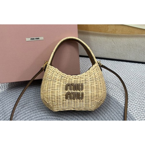 Miu Miu 5BC125 Wander woven raffia-effect yarn hobo bag with leather