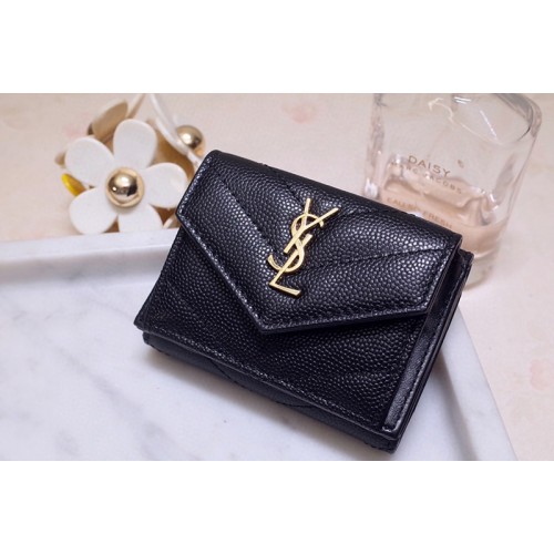 YSL Monogram Wallet in Black Grain de Poudre Embossed Leather With Gold YSL