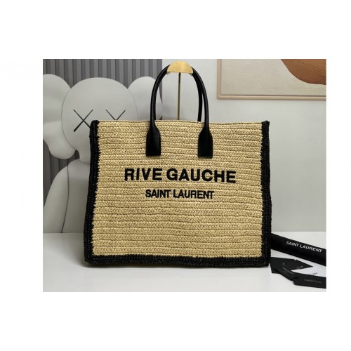 YSL RIVE GAUCHE LARGE TOTE BAG IN raffia and Black leather