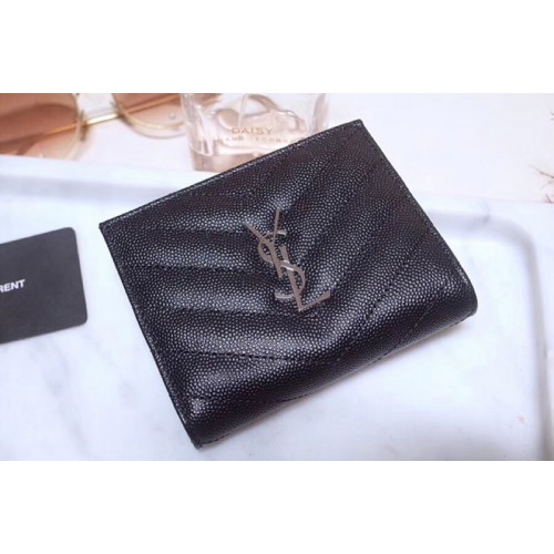 YSL Monogram Zipped Card Case in Black Grain de Poudre Embossed Leather Silver YSL