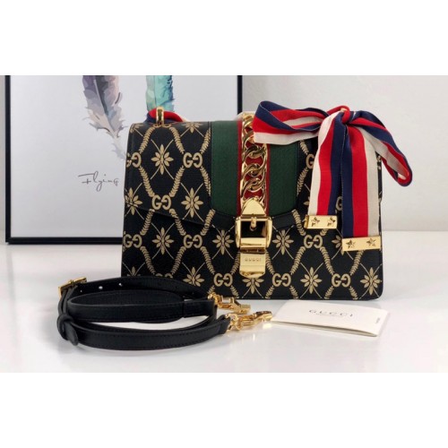 Gucci Black Sylvie rhombus flower small shoulder bag in Gold rhombus flower with Web Gucci Black Sylvie rhombus flower small shoulder bag in Gold rhombus flower with Web