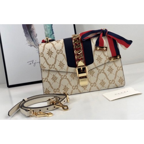 Gucci Beige Sylvie rhombus flower small shoulder bag in Gold rhombus flower with Web Gucci Beige Sylvie rhombus flower small shoulder bag in Gold rhombus flower with Web