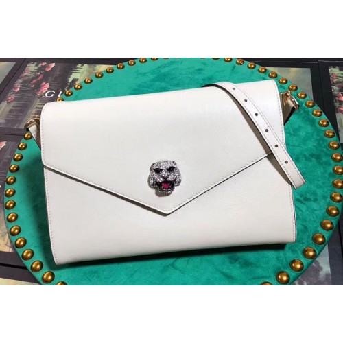 Gucci Feline Head With Crystals Medium Shoulder Bag White Leather