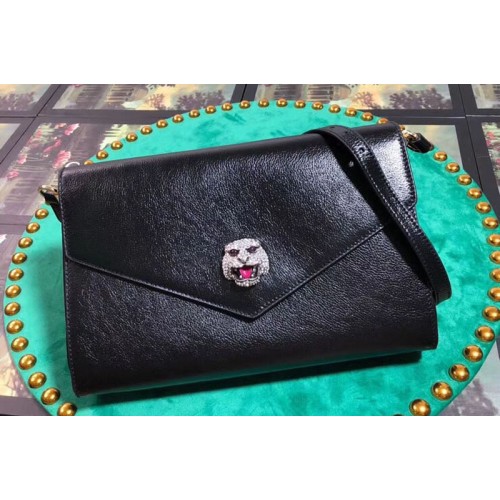 Gucci Feline Head With Crystals Medium Shoulder Bag Black Leather Gucci Feline Head With Crystals Medium Shoulder Bag Black Leather