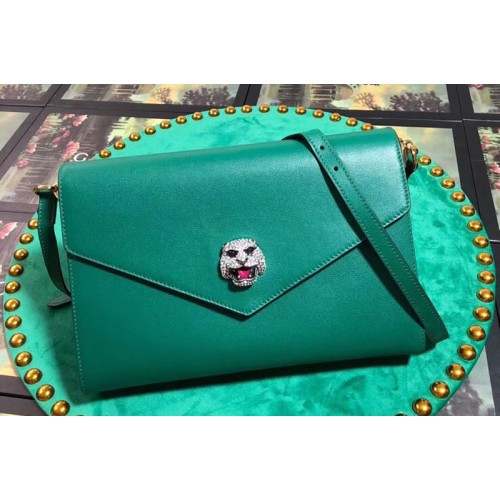 Gucci Feline Head With Crystals Medium Shoulder Bag Green Leather