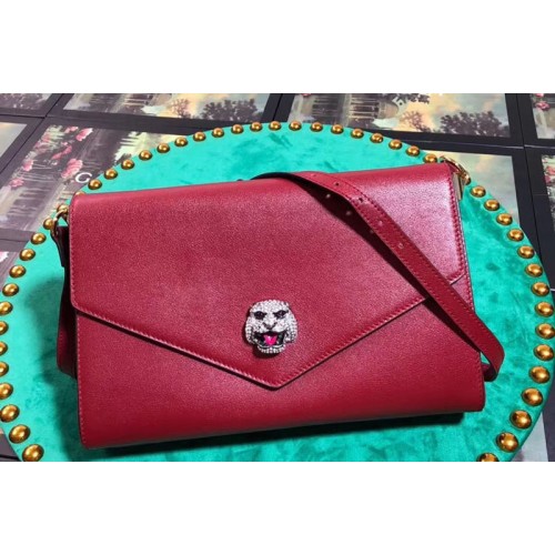 Gucci Feline Head With Crystals Medium Shoulder Bag Red Leather Gucci Feline Head With Crystals Medium Shoulder Bag Red Leather