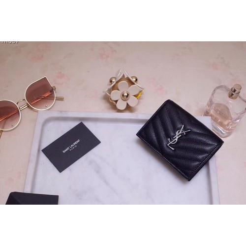 YSL Monogram Card Case in Black Grain de Poudre Embossed Leather Silver YSL YSL Monogram Card Case in Black Grain de Poudre Embossed Leather Silver YSL