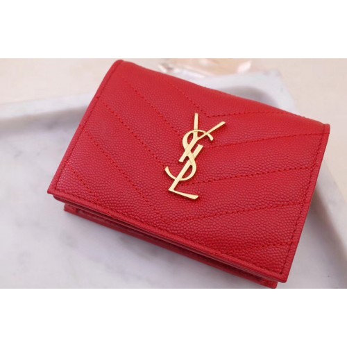 YSL Monogram Card Case in Red Grain de Poudre Embossed Leather