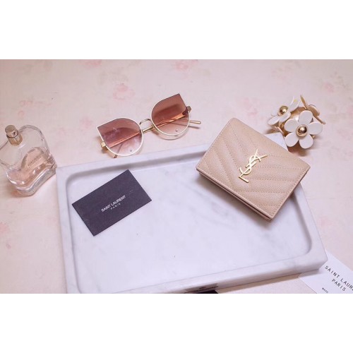 YSL Monogram Card Case in Pink Grain de Poudre Embossed Leather