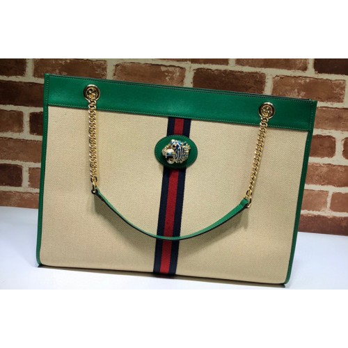 Gucci Rajah tote Bag in Beige Denim with green leather