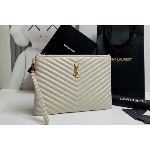 YSL Monogram Tablet Pouch In White Matelasse Leather YSL Monogram Tablet Pouch In White Matelasse Leather