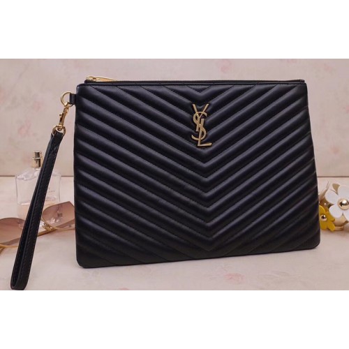 YSL Monogram Tablet Pouch In Black Matelasse Leather Gold Hardware