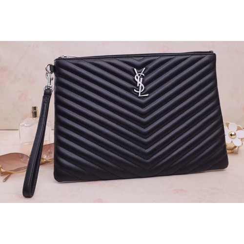 YSL Monogram Tablet Pouch In Black Matelasse Leather Silver Hardware