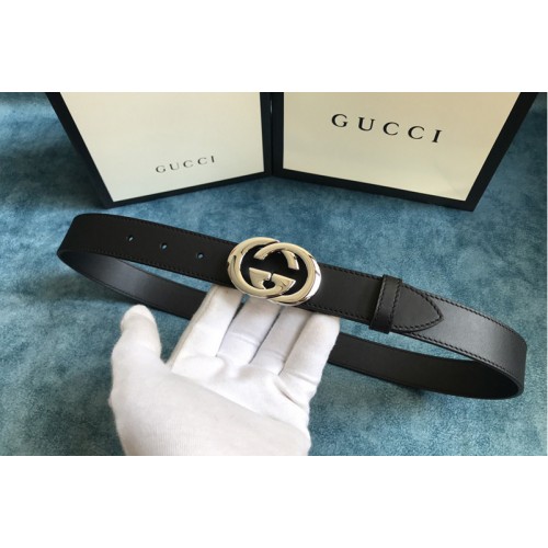 Gucci 30mm Belt with Silver Interlocking G buckle in Black Leather