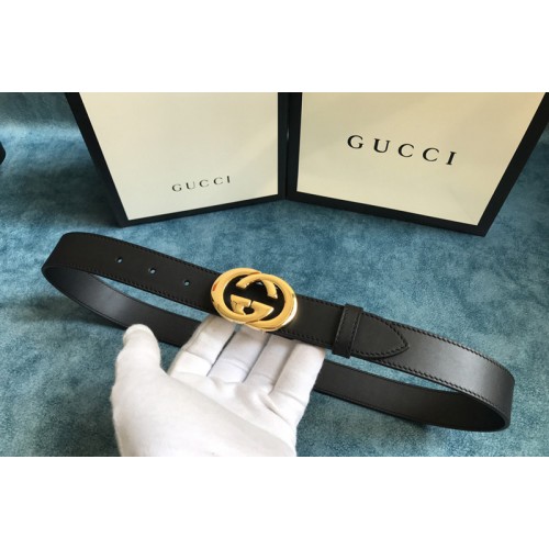 Gucci 30mm Belt with Shiny Gold Interlocking G buckle in Black Leather