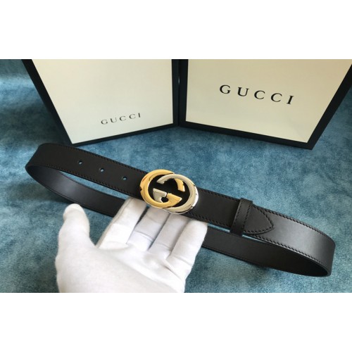 Gucci 30mm Belt with Shiny Gold Silver Interlocking G buckle in Black Leather