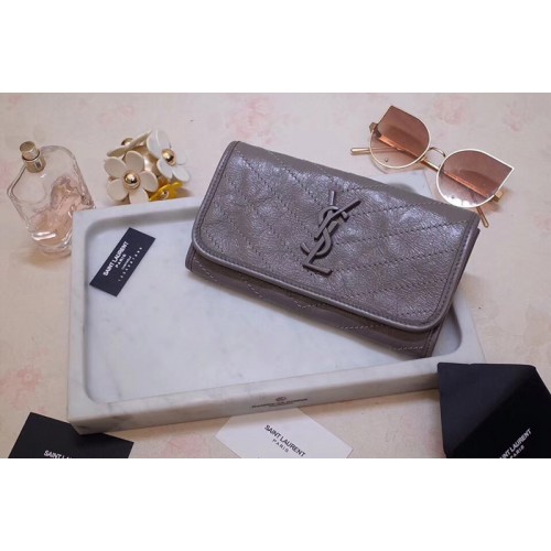 YSL Niki Large Wallet in Gray Crinkled Vintage Leather YSL Niki Large Wallet in Gray Crinkled Vintage Leather