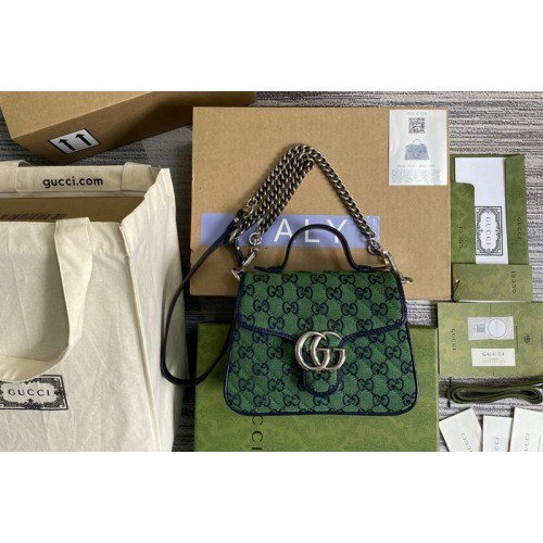 Gucci Marmont Multicolor mini top handle bag in Green and blue diagonal matelasse canvas Gucci Marmont Multicolor mini top handle bag in Green and blue diagonal matelasse canvas
