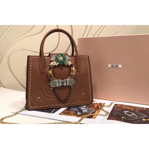 Miu Miu 5BA043 Calfskin Leather Top Handle Bags With Pin Brown