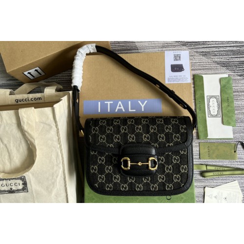 Gucci Horsebit 1955 shoulder bag in Black and ivory denim jacquard
