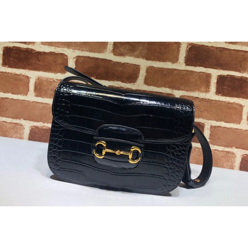 Gucci 1955 Horsebit shoulder bag in Black Crocodile Embossed Leather