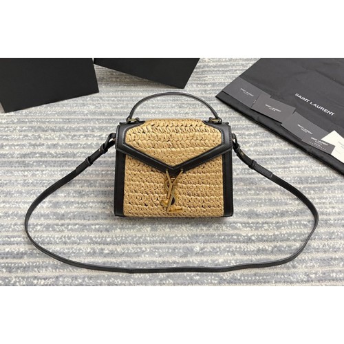 YSL cassandra mini top handle bag in raffia and leather
