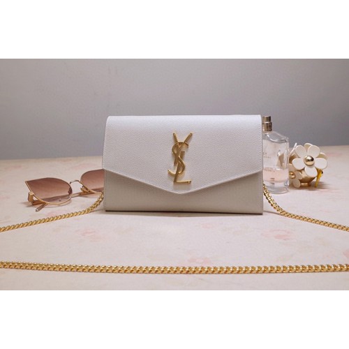 YSL Uptown Chain Wallet In White Grain de Poudre Embossed Leather