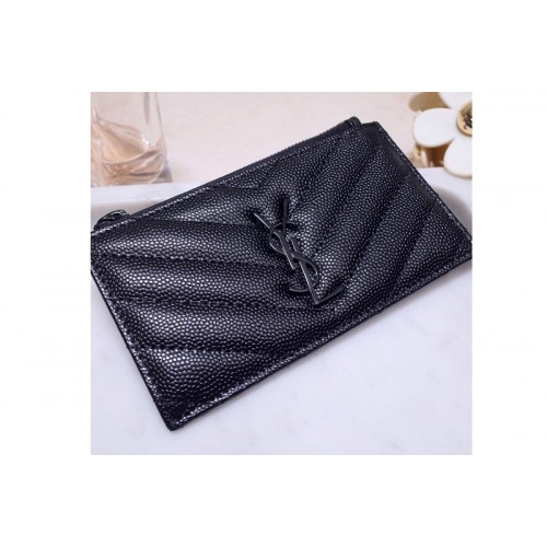 YSL Monogram Fragments Zippered Card Case in Black Grain de Poudre Embossed Leather With Black YSL