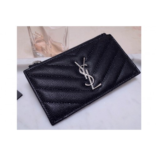 YSL Monogram Fragments Zippered Card Case in Black Grain de Poudre Embossed Leather With Silver YSL YSL Monogram Fragments Zippered Card Case in Black Grain de Poudre Embossed Leather With Silver YSL