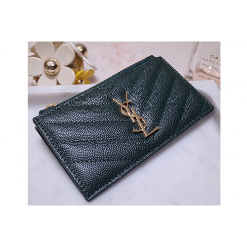 YSL Monogram Fragments Zippered Card Case in Green Grain de Poudre Embossed Leather