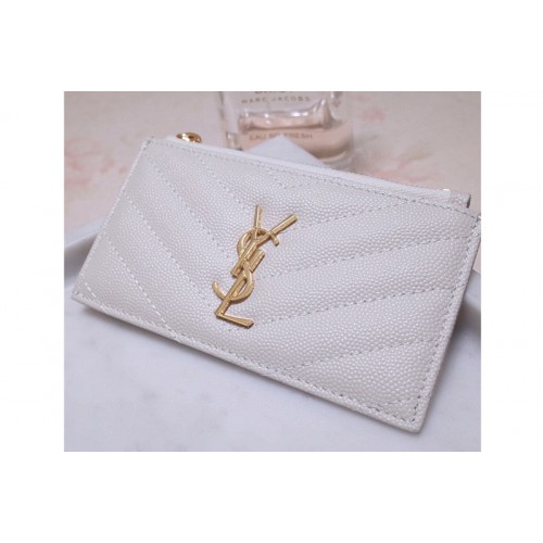 YSL Monogram Fragments Zippered Card Case in White Grain de Poudre Embossed Leather