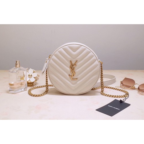 YSL Vinyle Round Camera Bags in White Chevron-Quilted Grain de Poudre Embossed Leather YSL Vinyle Round Camera Bags in White Chevron-Quilted Grain de Poudre Embossed Leather