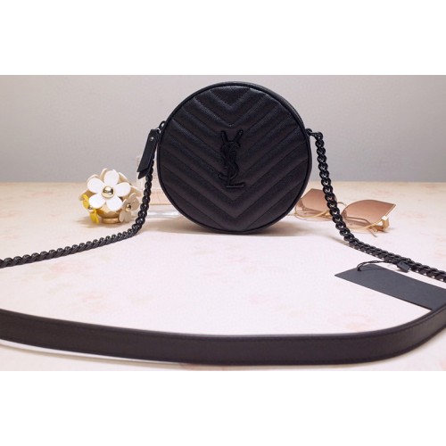 YSL Vinyle Round Camera Bags in Black Chevron-Quilted Grain de Poudre Embossed Leather with black chain