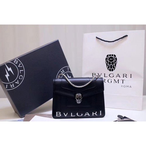 Bvlgari Serpenti Forever 61879 Flap Cover Bags Black Calf Leather With Bvlgari Print