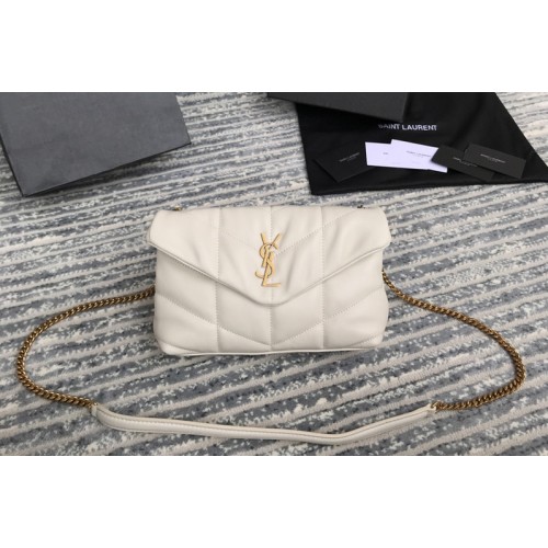 YSL Puffer Mini Bag in White Quilted Lambskin Leather With Gold Chain