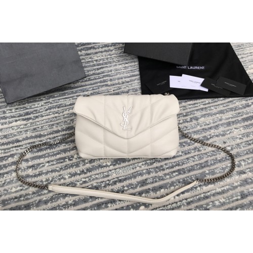 YSL Puffer Mini Bag in White Quilted Lambskin Leather With Silver Chain
