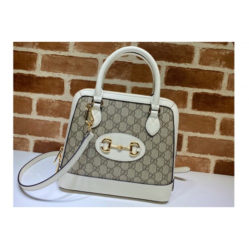 Gucci 1955 Horsebit small top handle bag in Beige ebony Supreme canvas With White Leather