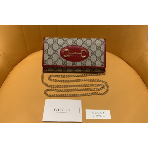 Gucci Horsebit 1955 zip around wallet With Chain in Beige ebony Supreme canvas With Red Leather