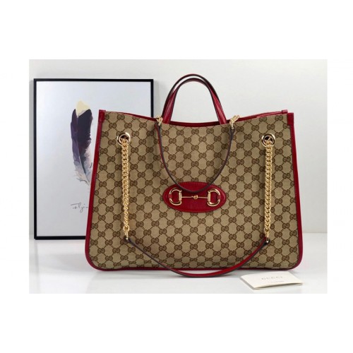 Gucci 1955 Horsebit large tote bag in Original canvas With Red Leather